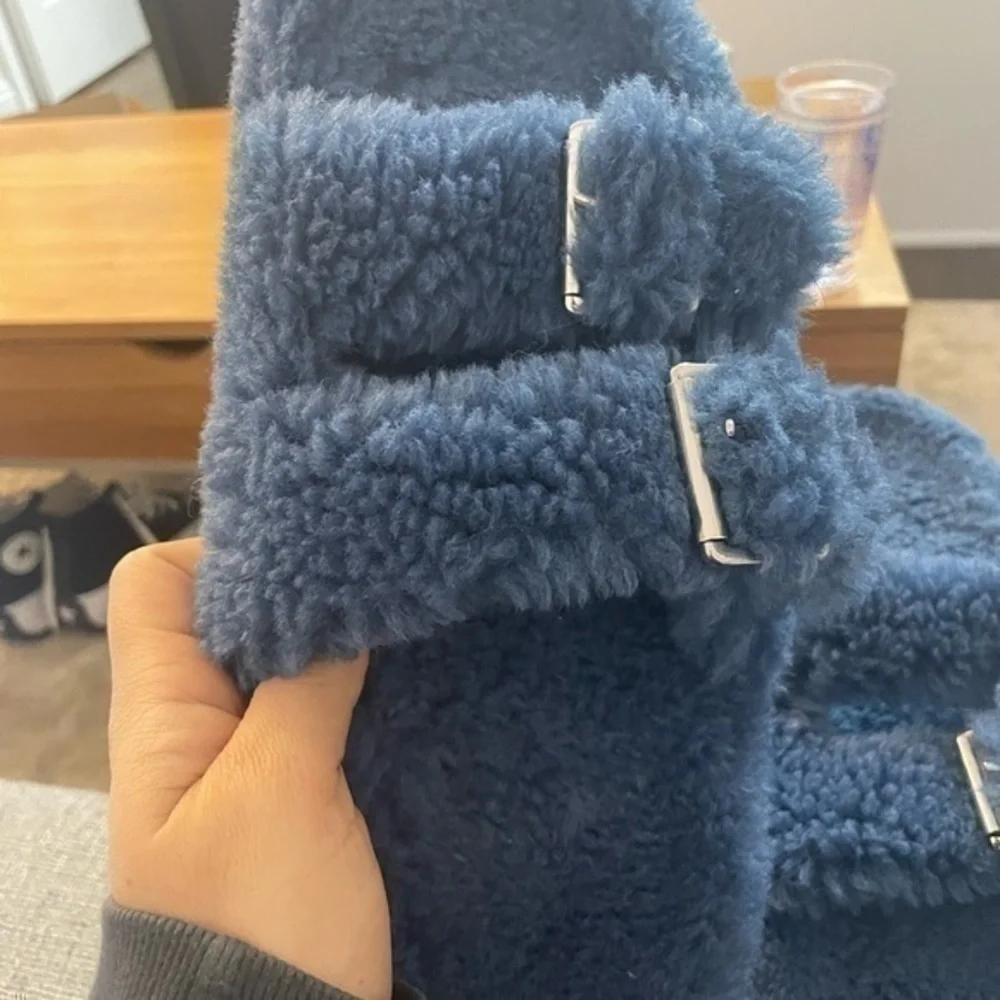 Teddy Slippers Plush Slides Blue Size 11 or Size 12